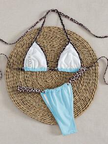 新款纯色系带优雅性感超三角比基尼套装，夏季沙滩时尚女士比基尼度假装 - 豹紋青藍 - 查看 3