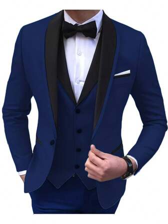 男士修身披肩领单排扣西装三件套，包含配套马甲和西裤，新郎婚礼礼服及伴郎正式服装