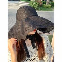 Ladies Floppy Lace Sun Hat Womens Foldable Wide Brim Fedoras UPF 50+ Summer Sun Visor Cap Large Beach Bucket Hat - 黑色 - 查看 3