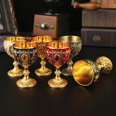 2pcs Vintage Medieval Style Renaissance Chalice Goblets, Luxury Gold-Tone Finish With Intricate Floral Patterns, Handcrafted Metal Cups, Suitable For Housewarming Gifts, Special Occasions And Decorative Use