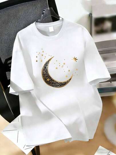 Camiseta elegante con estampado de luna y estrellas para mujer - Blusa de cuello redondo de manga corta casual para primavera/verano, hecha de tela ligera con diseño dorado, perfecta para uso casual de verano | Blusa con estampado dorado | Ajuste cómodo, camiseta de mujer para vacaciones