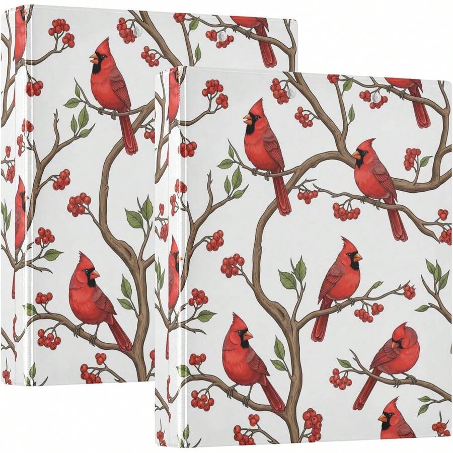 Carpeta de 3 anillos impresa de 1.5 pulgadas, carpeta de anillos en D con bolsillos, carpeta decorativa para la escuela universitaria u oficina, pájaros rojos, bayas blancas - talla únicax2 - Ver 1