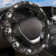 [Skull Steering Cover] 15 Inch Polyester Skull And Rose Elastico Car Steering Wheel Cover - Universal Fit, No Inner Ring - Black and White - View 2