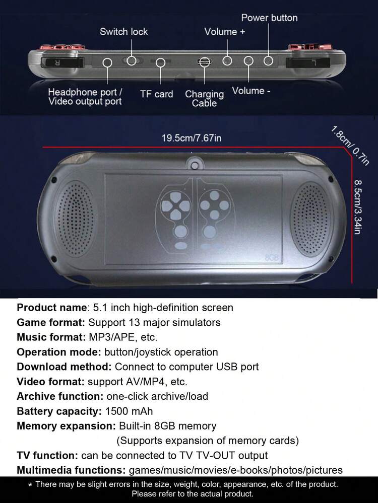 1 pieza Consola de juegos portátil multifuncional, con talla grande de 11,000 juegos clásicos retro integrados y 13 emuladores (p.ej. NES/GBA), conexión a TV, recargable, compatible con e-book, música, video, foto, grabación, guardado, calculadora, cronómetro y talla grande. Pantalla HD grande de 5.1", estilo vintage de arcade PSP, gran regalo para novio y esposo - Multicolor - Añade 2