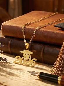 1 pieza Collar con gorra de graduación dorada en spray, modelo 2026, material de acero inoxidable, adecuado para niños, niñas, compañeros de clase, amigos, regalo de graduación y regreso a clases - Amarillo Oro - Ver 4