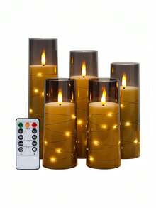 2/3/5 velas sin llama con luces de cadena de estrellas, velas LED con temporizador y control remoto, adecuadas para decoración del hogar, boda, fiesta, iluminación ambiental para días festivos (Gris) - gris - Ver 4