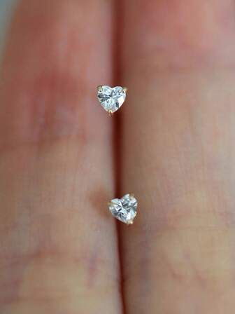 925 Sterling Silver 14K Gold Plated Cubic Zirconia Heart Stud Earrings, Delicate Minimalist Cute Earrings For Everyday Wear