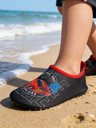 Kids Water Shoes For Boys Toddler Red Racing Car & 'Racing Pro' Print Black Red Quick Dry Anti-Slip Aqua Socks For Beach Pool Water Activities