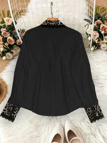 Women's Black Button Front Leopard Print Collar Lace Detail Long Sleeve Polyester Blouse Spring - Black - View 2