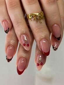 24pcs Medium Almond Shaped Nail Stickers, Leopard Print French Manicure, Red 3D Cherry Pattern, Retro Full Coverage Style, Suitable For Women And Girls Daily Wear, Summer Nail Art