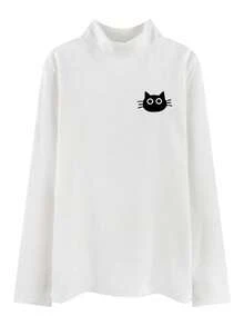 270克保暖高领打底衫，修身猫咪印花长袖T恤，冬季百搭内层 - 白色 - 查看 5