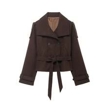 DEEKA Nueva Chaqueta de Mujer de Moda Otoño/Invierno Casual Minimalista con Doble Botonadura y Cinturón Marrón - Marrón - Ver 6