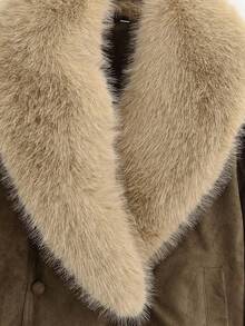 纯色仿麂皮毛领外套，秋冬季 - 軍綠色 - 查看 3