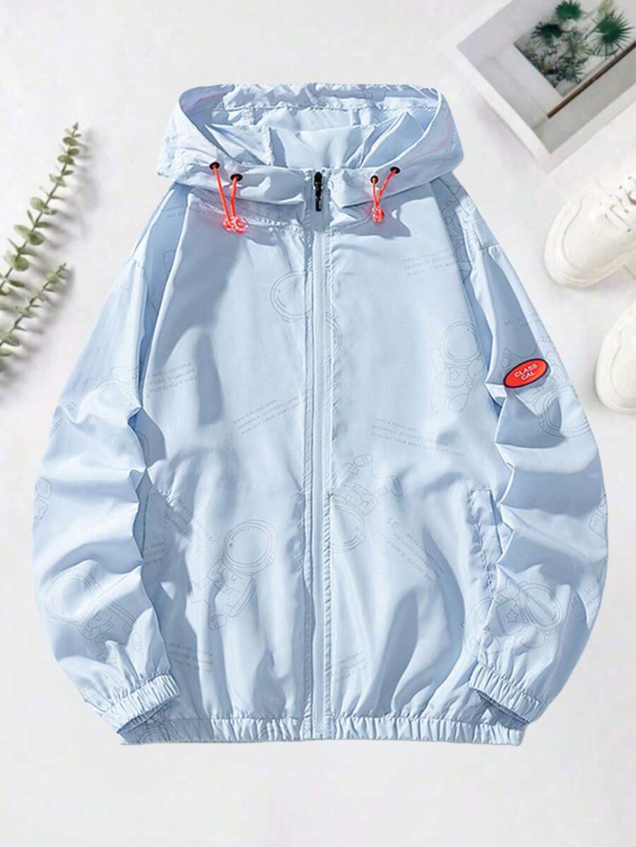 1 Stück leichte Herren Angeln Sonnenschutz Jacke, dünne Kapuzen-Zugkordel Windbreaker mit Reißverschluss und bedrucktem Ärmelaufnäher