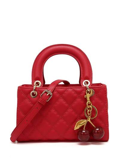 Red Rhombus Pattern Handbag With Cherry Charm, Versatile Small Square Bag, Fashionable Women's Handbag, Casual Women's Bag, Versatile Shoulder Crossbody Bag