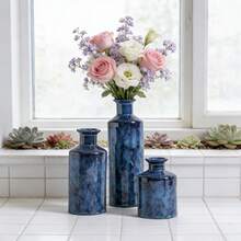 Blue Ceramic Vases - 3 Small Blue Vases With A Rustic, Country Style, Perfect For Home Decor. Suitable For Living Rooms, Tabletops, Entryways, Etc. Also Suitable For Offices, Living Rooms, Dining Rooms, Bedrooms, Bathrooms, Etc. Home Decor Vases, Flower Vases, Holiday Decoration Vases. - Blue - View 7
