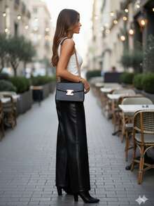 Pantalón stretch de vinipiel tiro alto con detalle de pinzas acampanado para dama - Negro - Ver 3