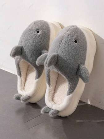 Closed Toe Slippers For Women, Warm Plush Cartoon Whale Design Indoor House Slippers With Non-Slip Sole, Suitable For Couples, Winter