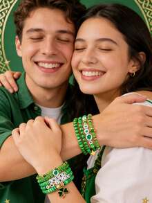 5pcs/Set St. Patrick's Day Clover Bracelet Set, Women's Green Shamrock, Four-Leaf Clover, Beer Mug, Leprechaun Pendant Elastic Beaded Bracelets, St. Patrick's Day Party Jewelry Gifts, Valentine's Day Gifts For Her - Green - View 5