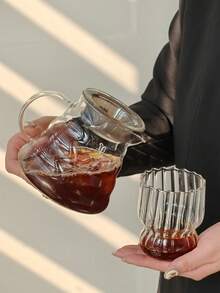 1 Set Glass Coffee Pot With Lid, Tea Pot, Can Be Used For Living Room, Entertaining Guests, Parties, Cups, Manual Pour Over Coffee Maker, Coffee Tools, Tea Set, Glass - Multicolor - View 10