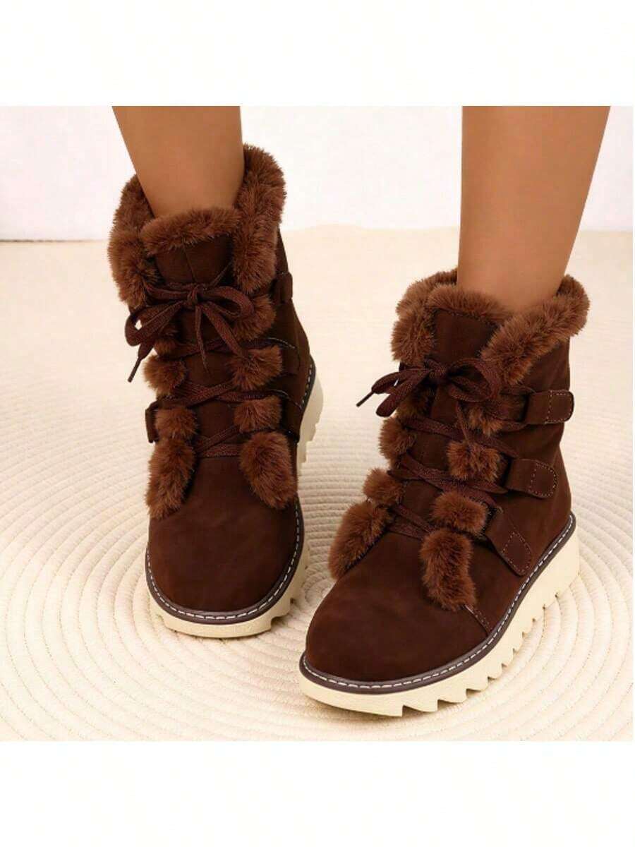 2025 Winter New Style Women's Snow Boots, Fashionable Lace-Up Flat-Soled Design, Soft And Comfortable, Plush And Thickened For Warmth, Non-Slip For Outdoor Use. Suitable For Cold Weather, Daily Wear And Formal Occasions - Comfortable And Warm Shoes - màu nâu - Xem 1
