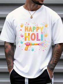 Men's Happy Holi Print Short Sleeve T - Shirt - White Loose Fit Tee With Colorful Water Gun, Handprints & Festival Graphic For Casual Wear - 白色 - 查看 6