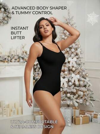 1pc Women's Seamless Sleeveless V-Neck Bodysuit, Tummy Control And Butt Lifting, High Elasticity