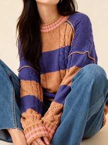 Womens Fall Winter Sweater Loose Fit Casual Contrast Color Ribbed Trim Crew Neck Long Sleeve Knit Tops - Purple - View 3
