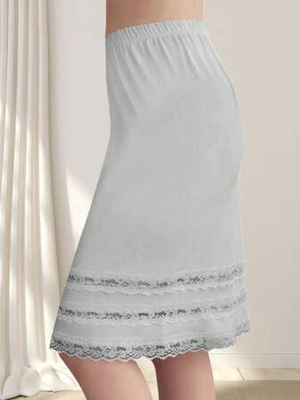 Meguma Falda de deslizamiento con ribete de encaje para mujer, enagua de moda para evitar la transparencia y la exposición