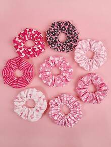 8个/套 情人节甜美蝴蝶结、爱心、蝴蝶印花真丝缎面发圈，适合作为女士礼物，发绳