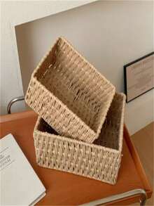 1/2/3pcs Natural Woven Storage Baskets, Paper Woven Style, Open Top And Bottom, Farmhouse Decor Desktop Organizer Baskets, Suitable For Storing Cosmetics, Books, Potted Plants, Small Items, Can Be Used As Bedroom, Bathroom Or Living Room Desktop Organizer, Also A Great Gift Basket Choice. - Wood Color - View 3
