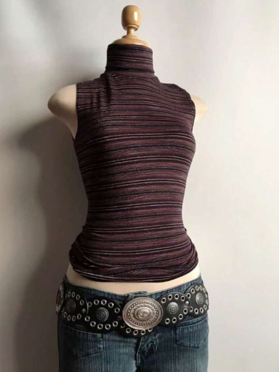 Buzzelle Women's Sleeveless Striped Print Turtleneck Top - Multicolor - View 1