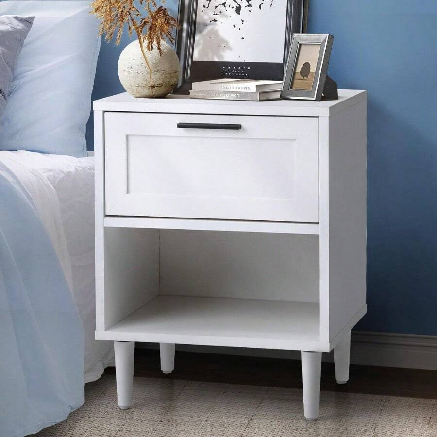 White Bedside Table With Drawer And Open Shelf 40 X 35 X 52cm Nightstand Home Storage End Side Table - EMMA1DrawerWhite - View 1