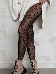 1 đôi tất jacquard họa tiết da báo 30D, tất đen gợi cảm, cỡ lớn - màu đen - Xem 1