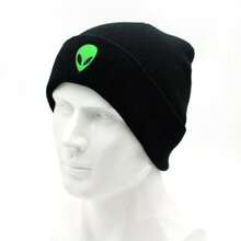 INSTOCK! Hot New Embroidered Alien & Skull Knitted Beanie - Unisex Winter Warm Slouchy Cuffed Cap, Edgy Goth Hip Hop Streetwear Headwear. Ideal Valentine's Day Gift For All, Global . Wholesale Available, Limited Time , Great Value! - Alien - View 9