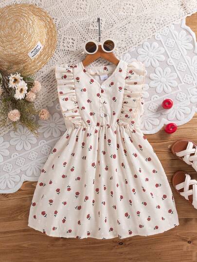 Young Girl Summer Elegant Rose Flower Print Front Slit Casual Dress, Suitable For Daily, Outdoor, School, Commute, Vacation, Party