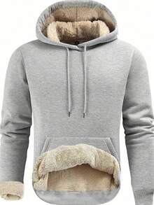 1pc Men's Sherpa Lined Hoodie Pullover, Thick & Warm For Winter, With Kangaroo Pocket - Grey - View 2