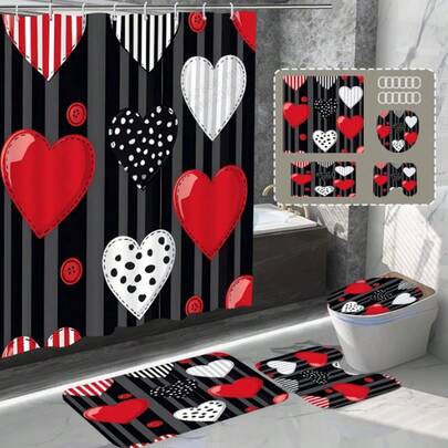 1pc/4pcs Set Romantic Red Love Modern Abstract Black Background Bathroom Decor, 71*71 Inch Shower Curtain With Hooks, Shower Curtain And Bathroom Mat, Toilet Lid Carpet, Anti-Slip U-Shaped Floor Mat Bathroom Set