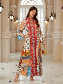 优雅女士V领长袖波西米亚印花连衣裙，采用柔软面料制成，展现别致的波西米亚风格 - BX12 - 查看 2