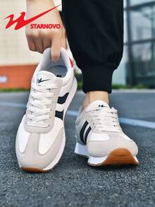 STARNOVO 男士休闲运动鞋，复古系带运动鞋，网球鞋，皮革与针织网布拼接设计，透气舒适，适合夏季度假，男士休闲运动鞋，春秋季另有全皮款可选 - 淺灰色 - 查看 3