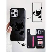 1 Pc Funda de Cartera de Cuero de Lujo y Duradera con Patrón de Gatito de Dibujos Animados Compatible con iPhone 16e 16 15 14 13 12 11 Pro Max SE X XR XS Max 8 7 6 6S Plus, Funda con Ranura para Tarjeta de Crédito y Soporte, Funda de Teléfono a Prueba de Golpes. - Negro - Ver 2