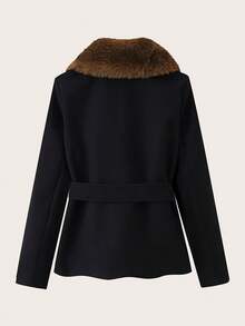 女士纯色羊毛领大衣，秋冬季 - 黑色 - 查看 2