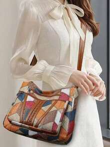 New Women's Casual Shoulder Bag, PU Leather Patchwork Crossbody Bag, Fashion Minimalist Design - Multicolor - View 8