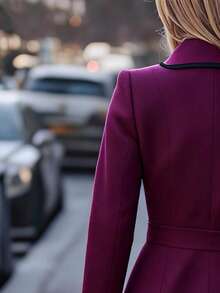 黑色滚边缺角翻领单排扣长款系带优雅冬季外套 - 紅木色 - 查看 5