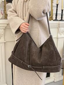 Large Size Shoulder Tote Bags For Women PU Suede Solid Color Big Capacity Shopping Hobo Bag Handbags Luxury Tote Handbag Cross Body Tote Bag For Work, Shopping, Dating, Travel, College Students, Women's Bag, Daily Use - 咖色 - 查看 10