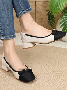 Zapatos de tacón grueso y punta cuadrada para mujer, nuevos zapatos de estilo vintage con lazo francés y color contrastante para la primavera/otoño 2025, tallas grandes del 35 al 43 - Beis - Ver 3