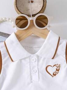 Tween Girl Letter Print Polo Collar Tank Top And Pleated Mini Skirt Set - White - View 3