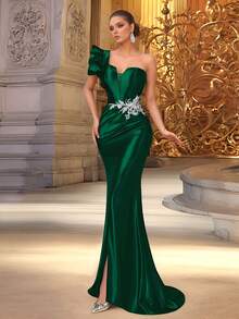 VIPGIRL 优雅深绿色单肩缎面正式晚礼服，肩部饰有3D立体花朵，腰部饰有串珠，女士舞会礼服，奢华长裙，女士正式礼服，快速发货 - 墨綠色 - 查看 6