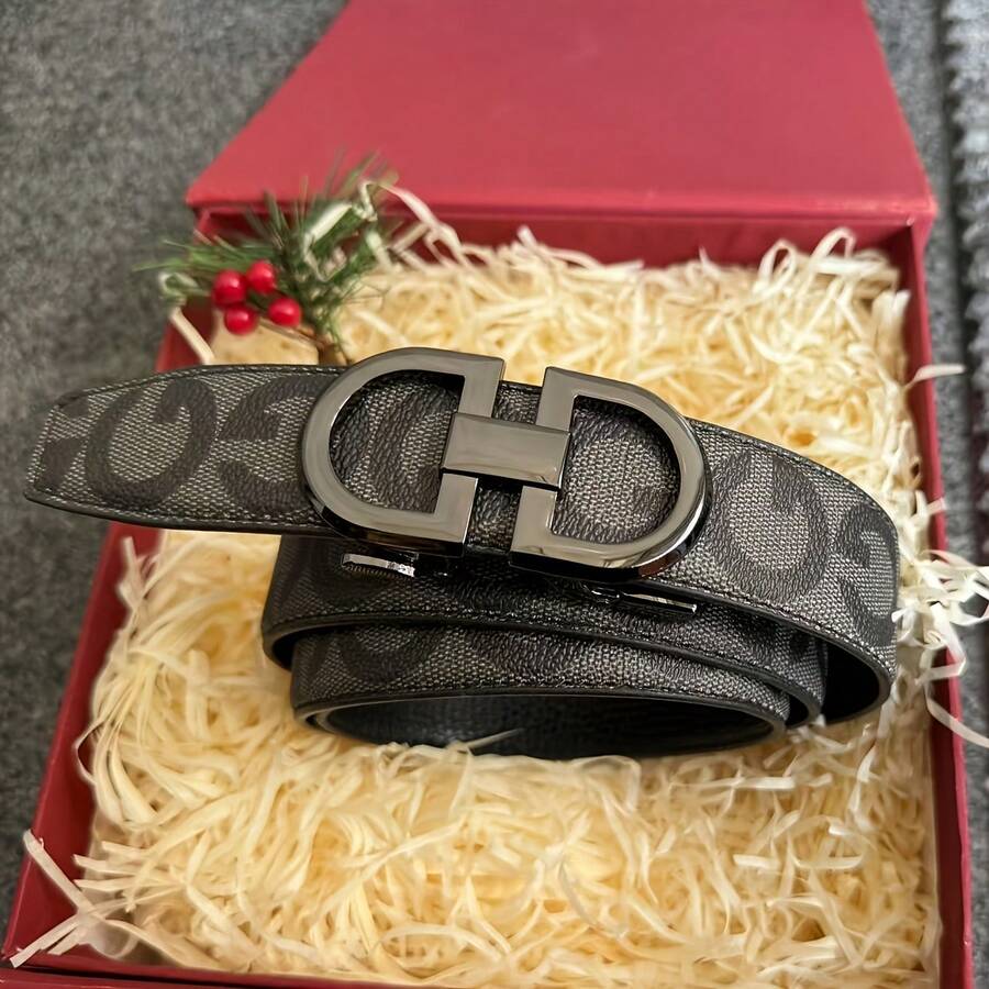 Men's Automatic Buckle Belt, V-Shaped Print, PU Leather, Business Casual, Christmas Gift - Multicolor - View 1