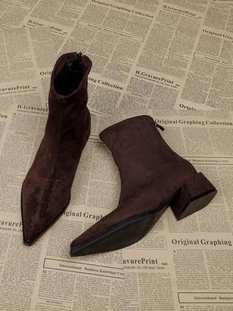 Women's Coffee Brown Ankle Boots And Short Boots, Chunky Heel 5cm Slim Boots, Comfortable Chelsea Pointed Toe Boots, Fashion 2025